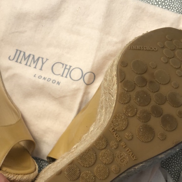 JIMMY CHOO Espadrilles Wedge Straw Nude Patent Leather Size 38, 1-4.5” Sm stain - Picture 6 of 10